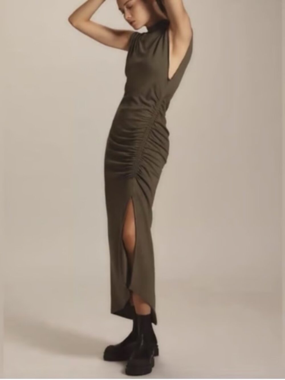 Anthropologie Daily Practice Mock-Neck Ruched Maxi Dress in Dark Olive Green- XS